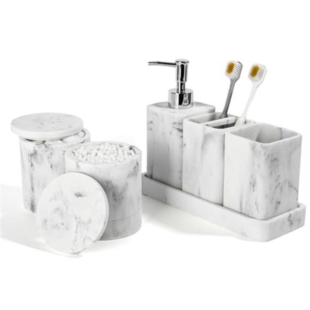 6 Piece Bathroom Accessories Set Marble White Soap Dispenser Toothbrush Holder